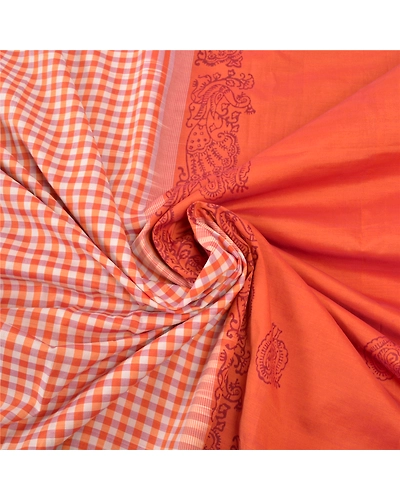 Sanskriti Vintage Sari Blend Cotton Block Printed &amp; Woven Premium Sarees Fabric, PS-57222-Orange-Woven Work-Blend Cotton-6