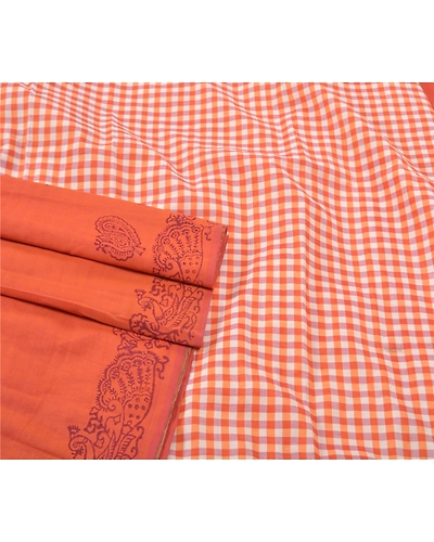 Sanskriti Vintage Sari Blend Cotton Block Printed &amp; Woven Premium Sarees Fabric, PS-57222-Orange-Woven Work-Blend Cotton-7