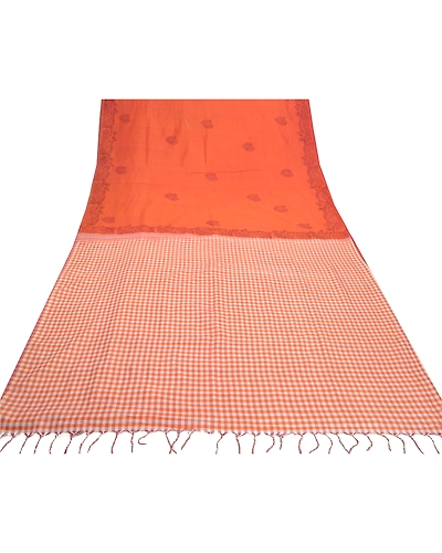 Sanskriti Vintage Sari Blend Cotton Block Printed &amp; Woven Premium Sarees Fabric, PS-57222-Orange-Woven Work-Blend Cotton-8