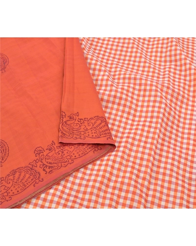 Sanskriti Vintage Sari Blend Cotton Block Printed &amp; Woven Premium Sarees Fabric, PS-57222-Orange-Woven Work-Blend Cotton-9