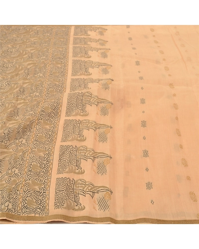 Sanskriti Vintage Beige Indian Sari 100% Pure Silk Woven Premium Sarees Fabric, PS-57226-Shade Of Beige-Woven Work-100% Pure Silk-4