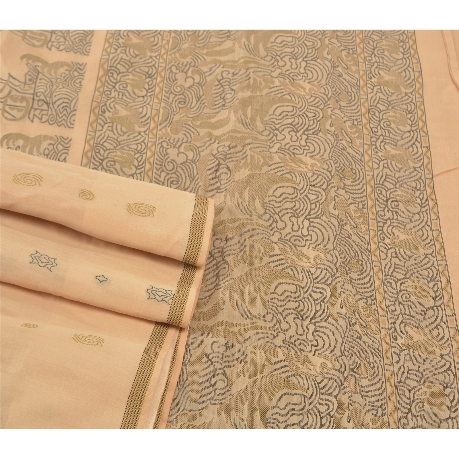 Sanskriti Vintage Beige Indian Sari 100% Pure Silk Woven Premium Sarees Fabric, PS-57226-Shade Of Beige-Woven Work-100% Pure Silk-7