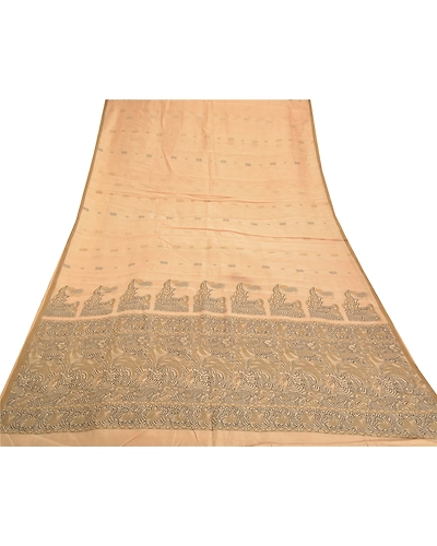 Sanskriti Vintage Beige Indian Sari 100% Pure Silk Woven Premium Sarees Fabric, PS-57226-Shade Of Beige-Woven Work-100% Pure Silk-8