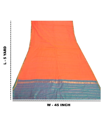Sanskriti Vintage Orange Indian Sarees Pure Silk Woven Sari 5 Yard Fabric, PS-57250-Orange &amp; Green-Woven Work-100% Pure Silk-1