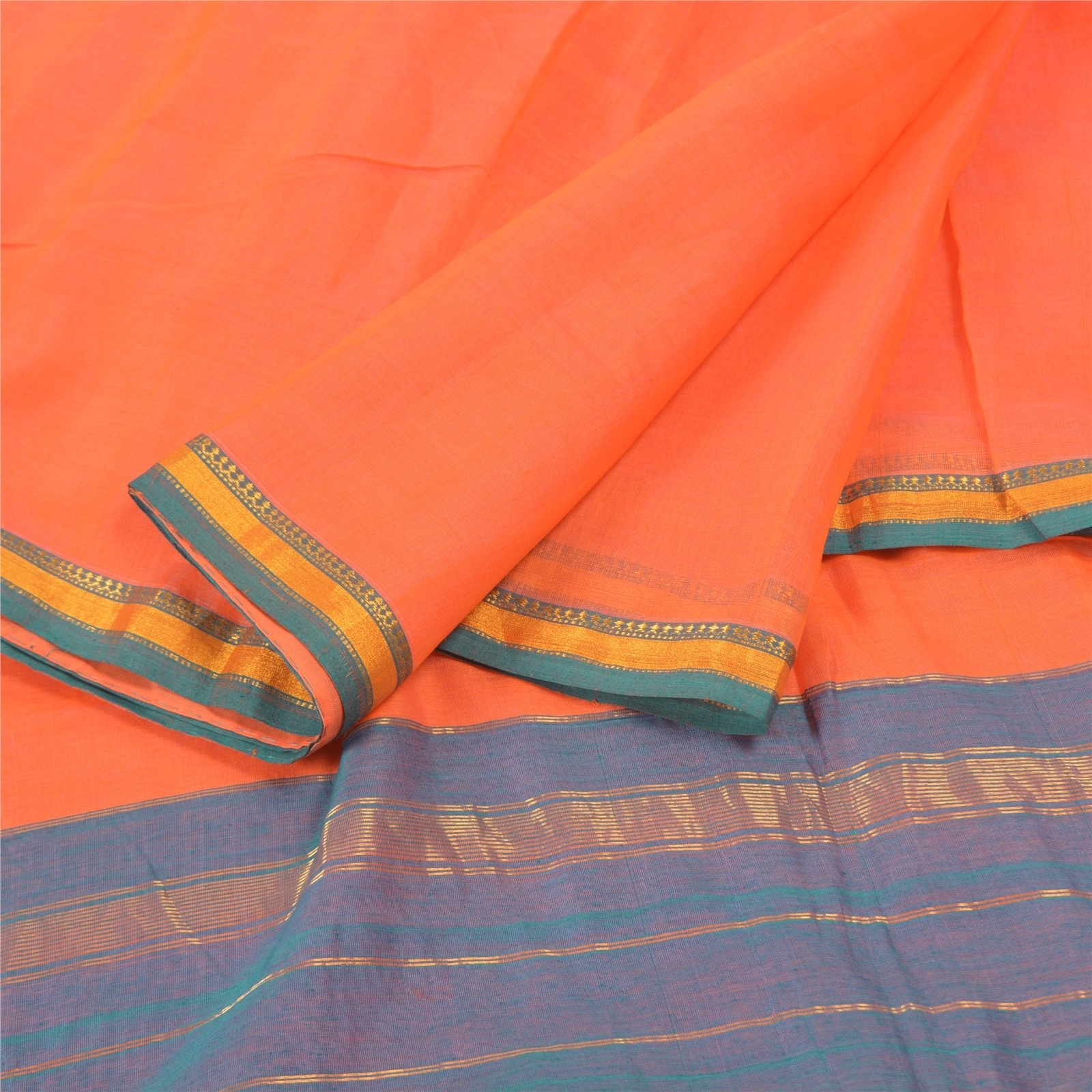 Sanskriti Vintage Orange Indian Sarees Pure Silk Woven Sari 5 Yard Fabric, PS-57250-Orange &amp; Green-Woven Work-100% Pure Silk-2