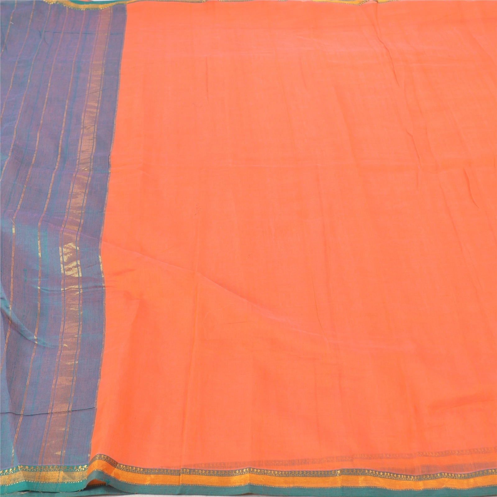 Sanskriti Vintage Orange Indian Sarees Pure Silk Woven Sari 5 Yard Fabric, PS-57250-Orange &amp; Green-Woven Work-100% Pure Silk-4