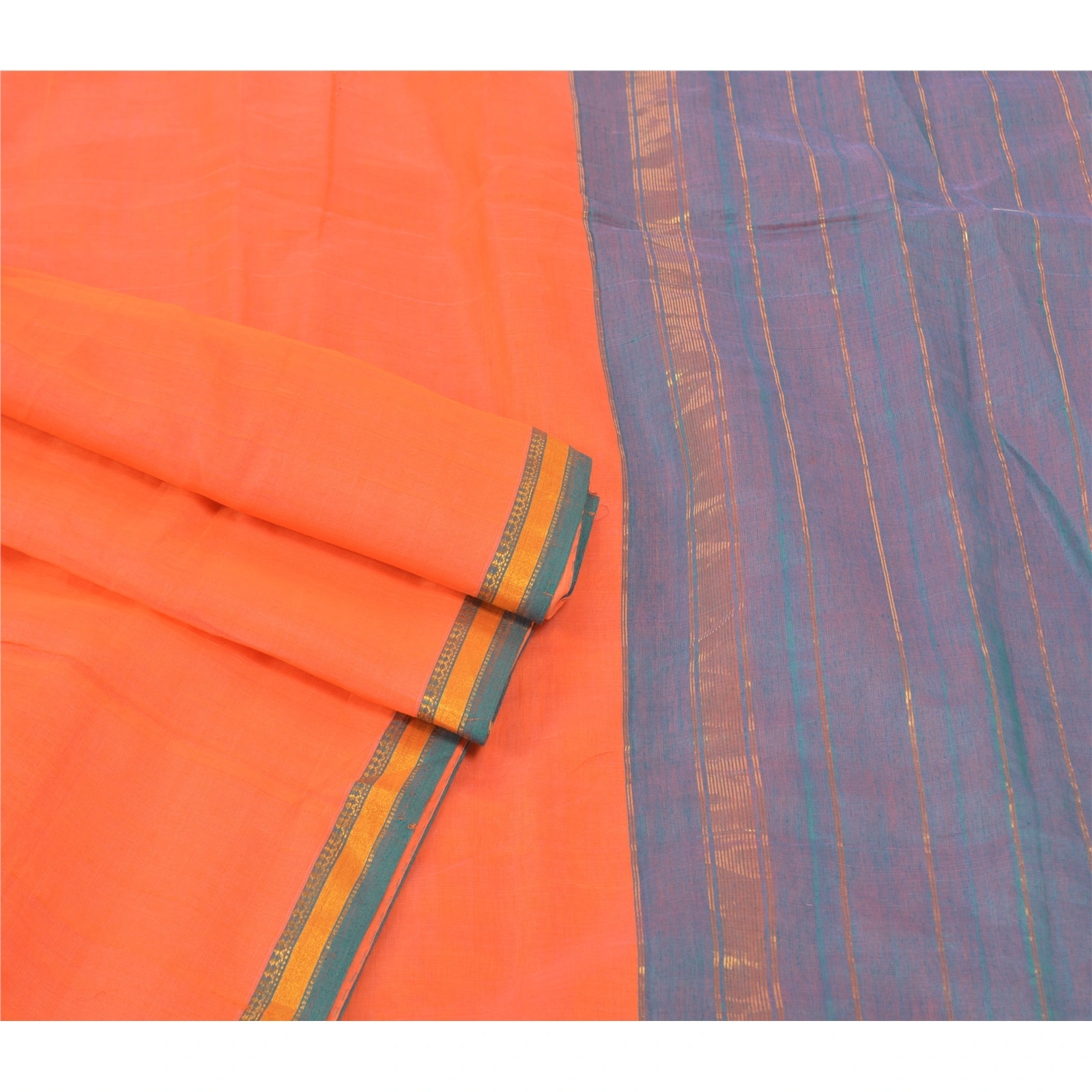 Sanskriti Vintage Orange Indian Sarees Pure Silk Woven Sari 5 Yard Fabric, PS-57250-Orange &amp; Green-Woven Work-100% Pure Silk-7