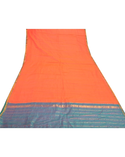 Sanskriti Vintage Orange Indian Sarees Pure Silk Woven Sari 5 Yard Fabric, PS-57250-Orange &amp; Green-Woven Work-100% Pure Silk-8