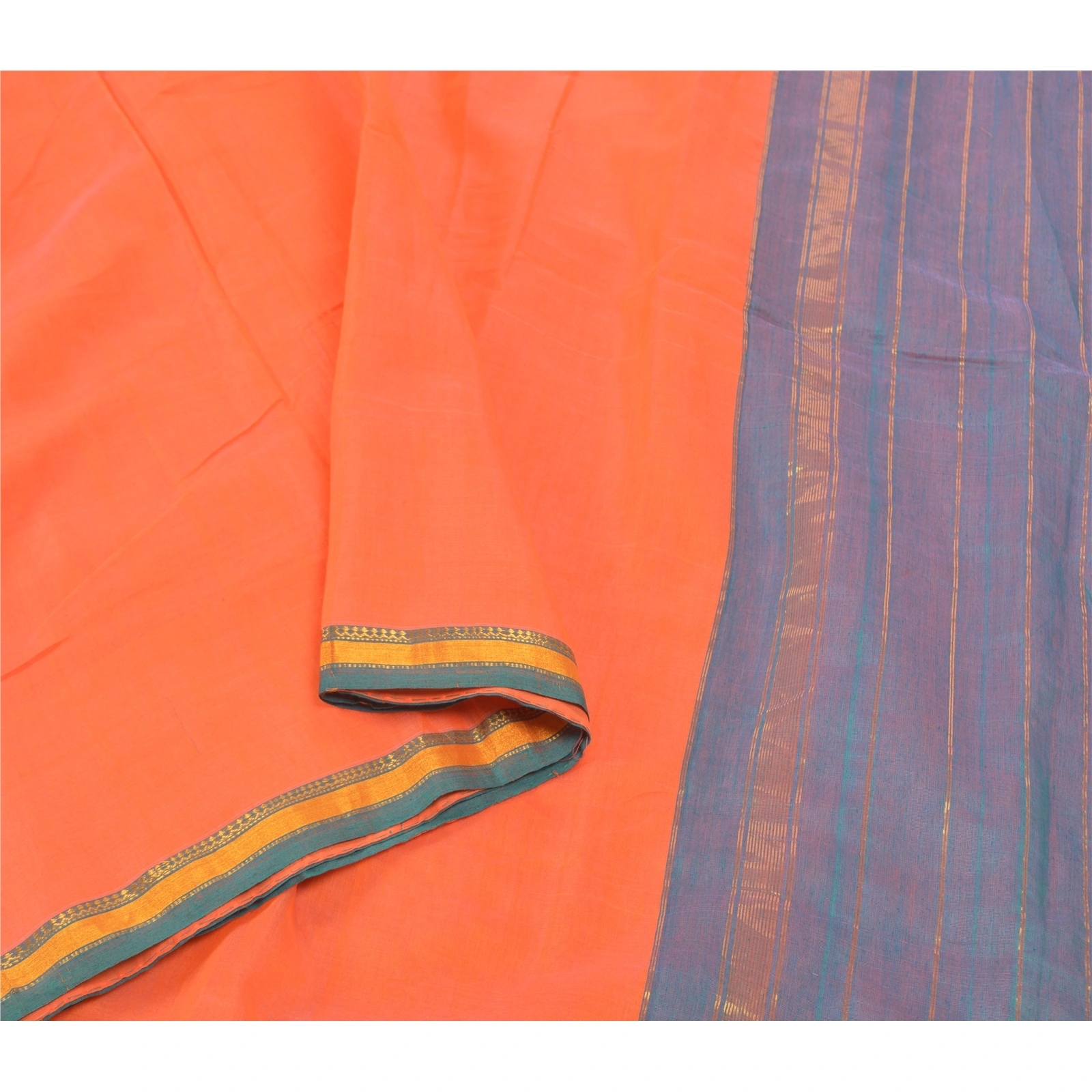 Sanskriti Vintage Orange Indian Sarees Pure Silk Woven Sari 5 Yard Fabric, PS-57250-Orange &amp; Green-Woven Work-100% Pure Silk-9