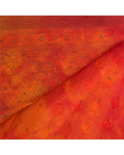 Sanskriti Vintage Orange Indian Sarees Pure Silk Hand-Woven Tie- Dye Sari Fabric, PS-57305-Shade Of Orange &amp; Red-Hand Woven Work-100% Pure Silk-2