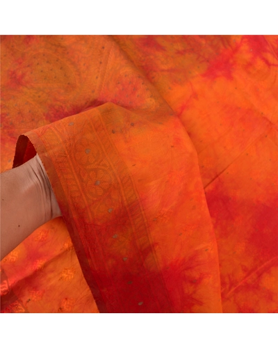 Sanskriti Vintage Orange Indian Sarees Pure Silk Hand-Woven Tie- Dye Sari Fabric, PS-57305-Shade Of Orange &amp; Red-Hand Woven Work-100% Pure Silk-4