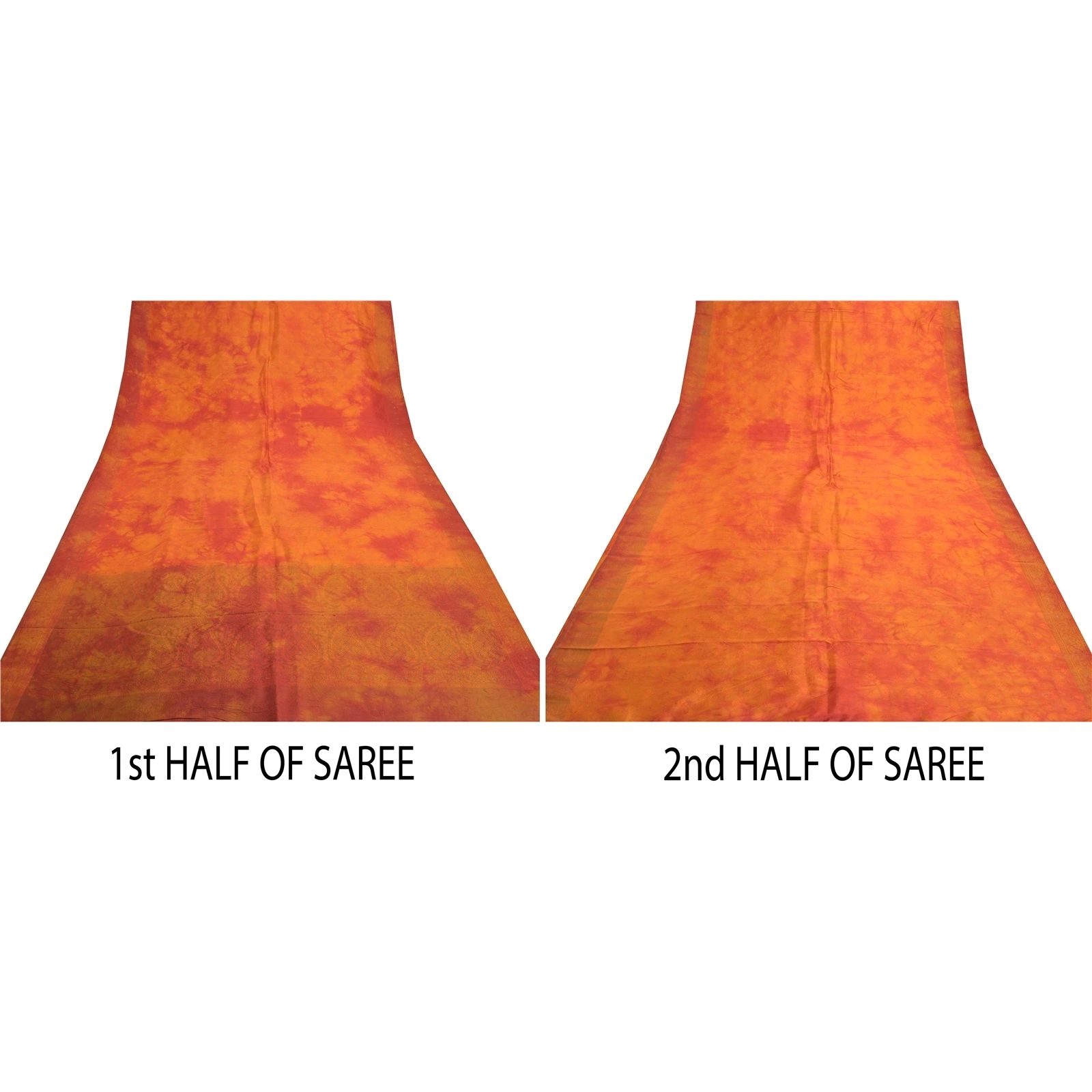 Sanskriti Vintage Orange Indian Sarees Pure Silk Hand-Woven Tie- Dye Sari Fabric, PS-57305-Shade Of Orange &amp; Red-Hand Woven Work-100% Pure Silk-5