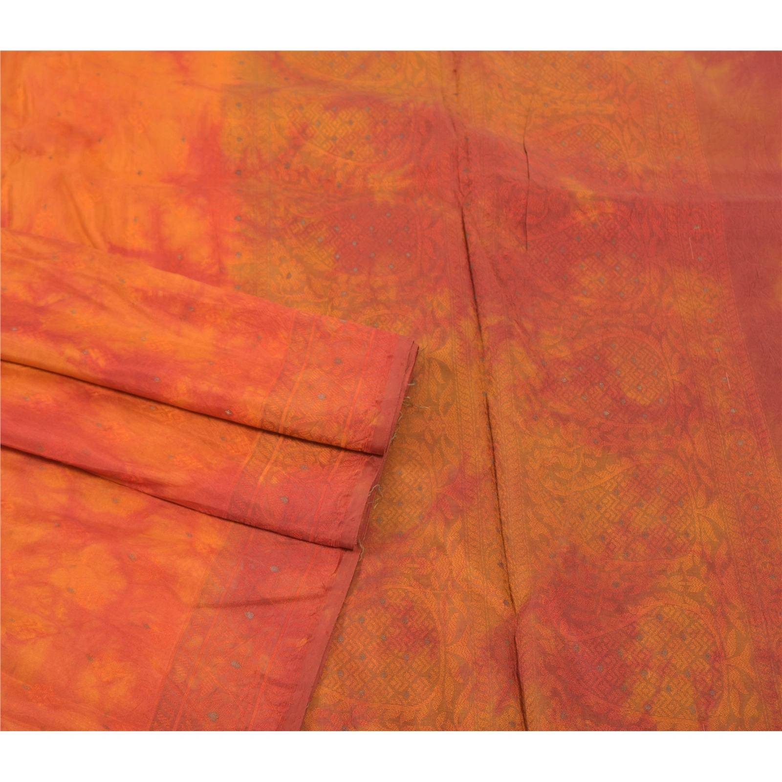 Sanskriti Vintage Orange Indian Sarees Pure Silk Hand-Woven Tie- Dye Sari Fabric, PS-57305-Shade Of Orange &amp; Red-Hand Woven Work-100% Pure Silk-7