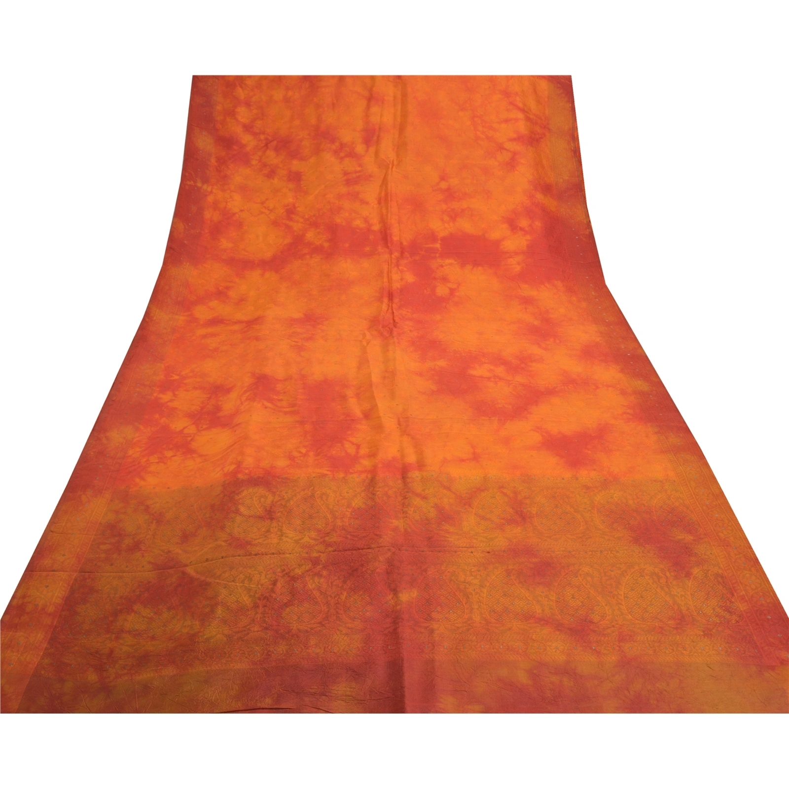 Sanskriti Vintage Orange Indian Sarees Pure Silk Hand-Woven Tie- Dye Sari Fabric, PS-57305-Shade Of Orange &amp; Red-Hand Woven Work-100% Pure Silk-8