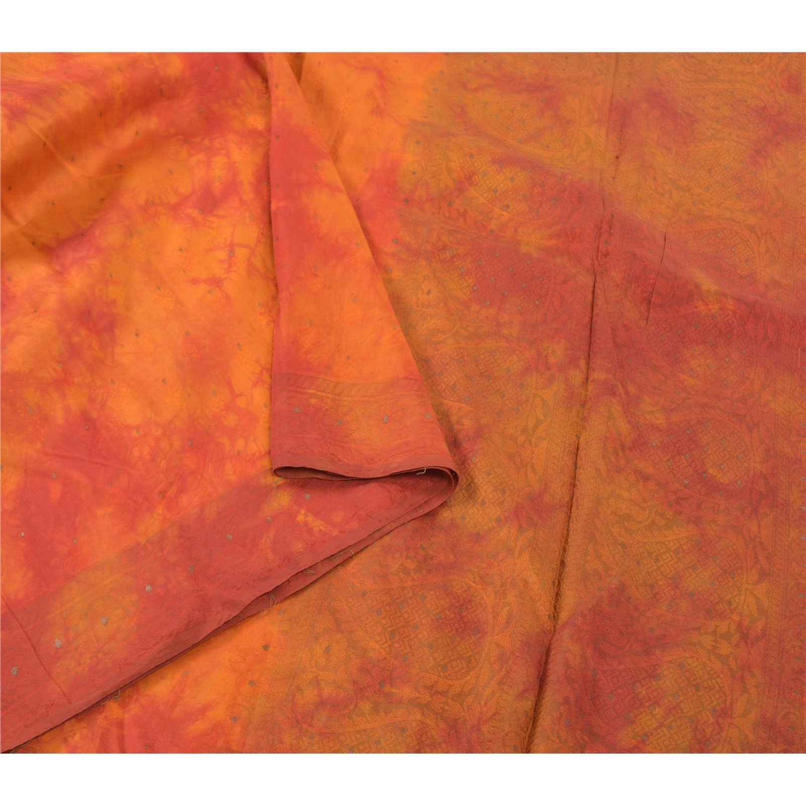 Sanskriti Vintage Orange Indian Sarees Pure Silk Hand-Woven Tie- Dye Sari Fabric, PS-57305-Shade Of Orange &amp; Red-Hand Woven Work-100% Pure Silk-9