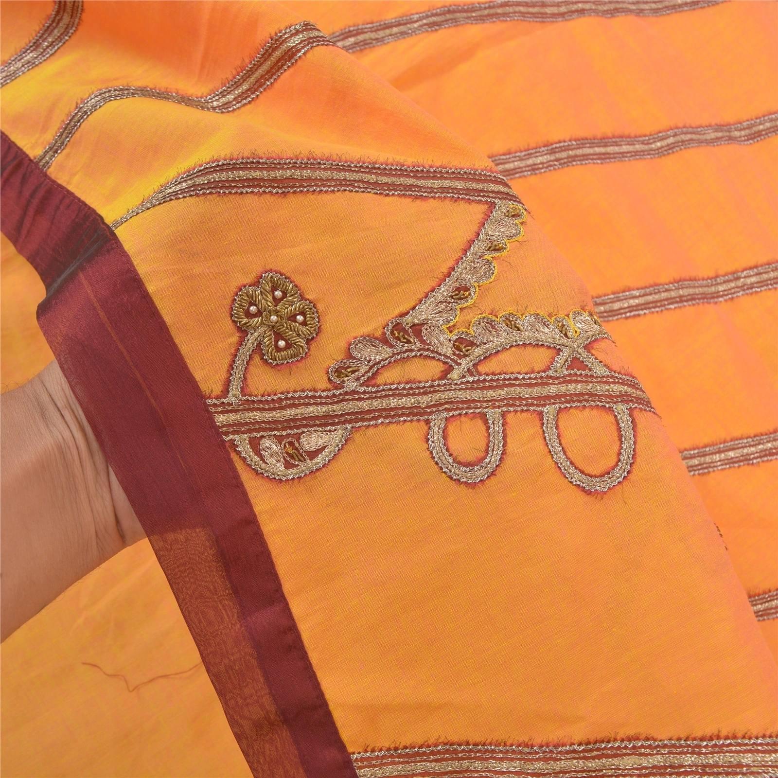 Sanskriti Vintage Saffron Sarees Pure Cotton Hand Beaded Sari Cultural Fabric, PS-57321-Shade Of Saffron-Zardozi Work-100% Pure Cotton-4