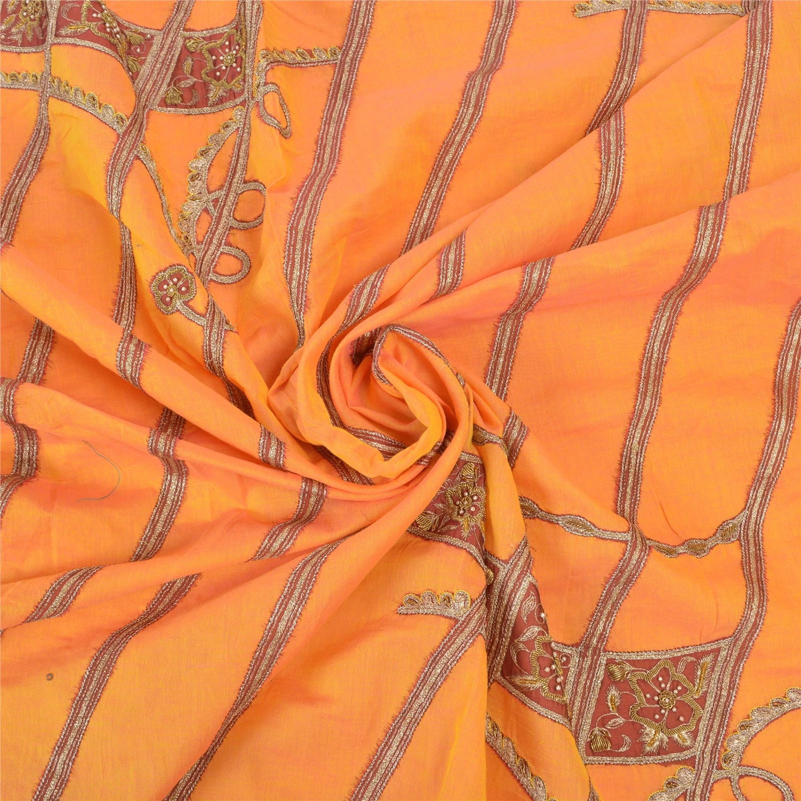 Sanskriti Vintage Saffron Sarees Pure Cotton Hand Beaded Sari Cultural Fabric, PS-57321-Shade Of Saffron-Zardozi Work-100% Pure Cotton-6