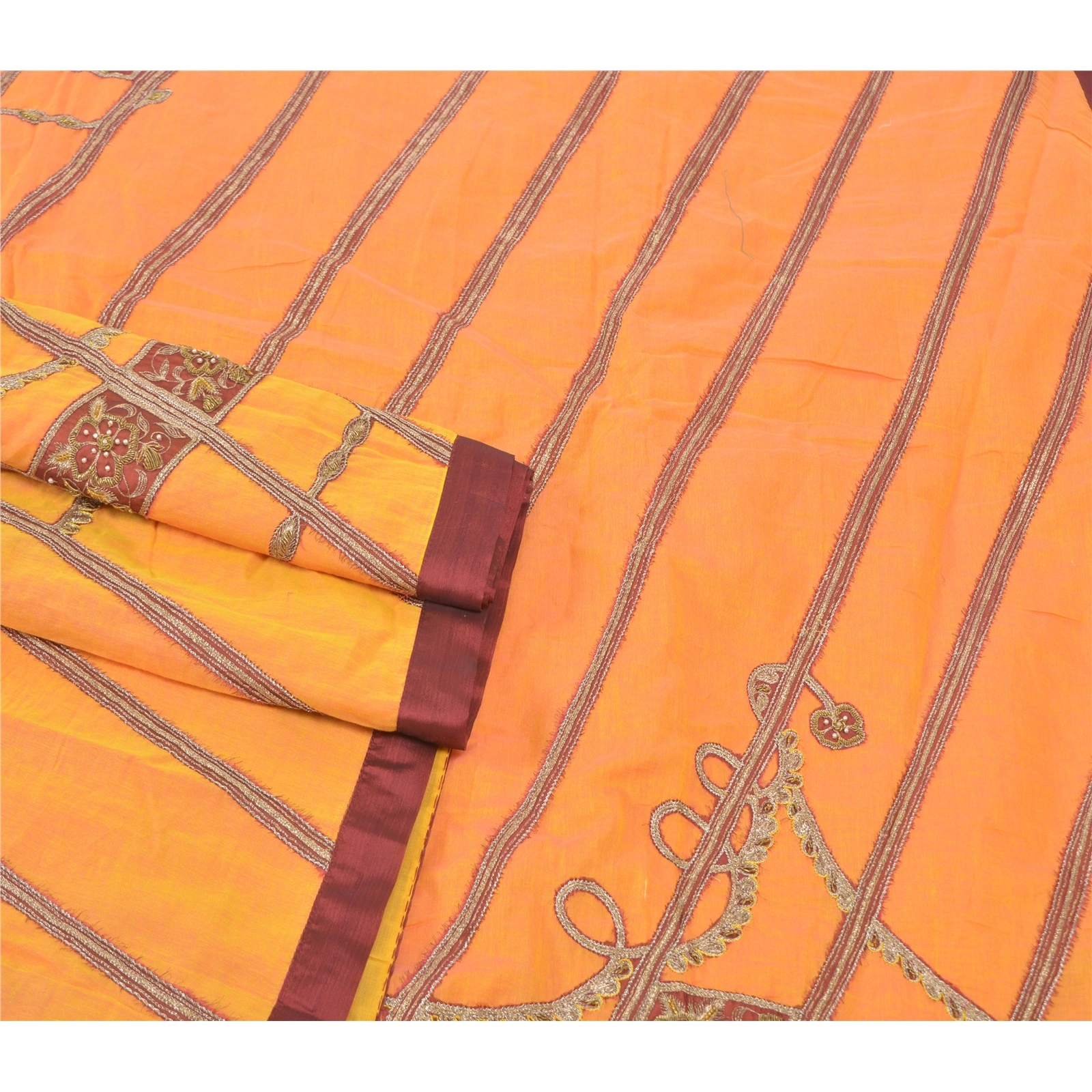 Sanskriti Vintage Saffron Sarees Pure Cotton Hand Beaded Sari Cultural Fabric, PS-57321-Shade Of Saffron-Zardozi Work-100% Pure Cotton-7