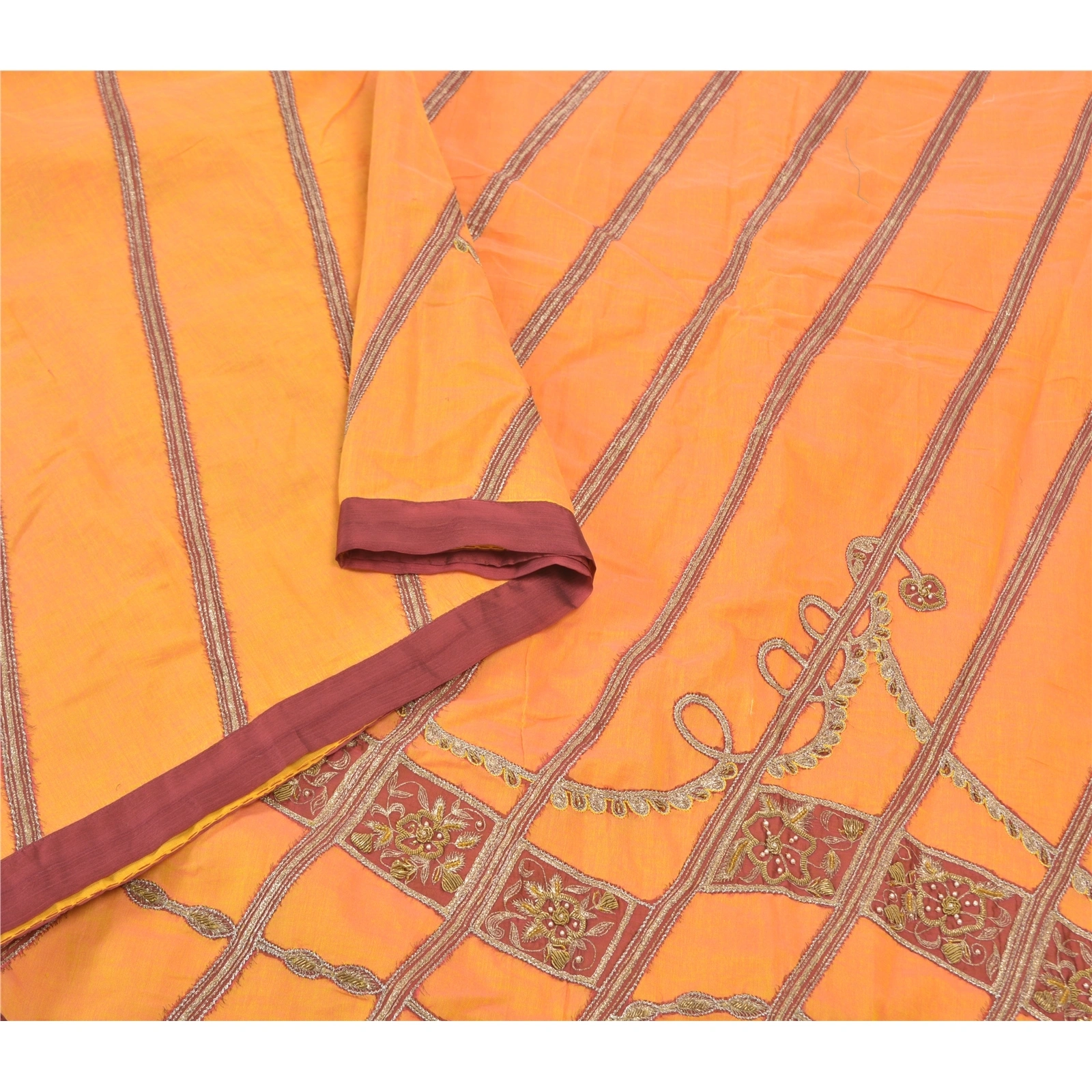 Sanskriti Vintage Saffron Sarees Pure Cotton Hand Beaded Sari Cultural Fabric, PS-57321-Shade Of Saffron-Zardozi Work-100% Pure Cotton-9