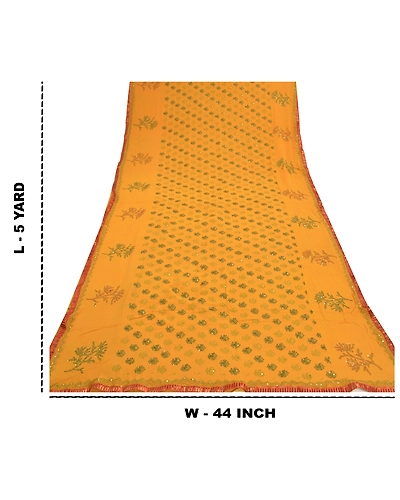 Sanskriti Vintage Sarees Pure Georgette Silk Sari Hand Embroidered Kantha Fabric, PS-57338-Shade Of Saffron-Thread Work-100% Pure Georgette Silk-1