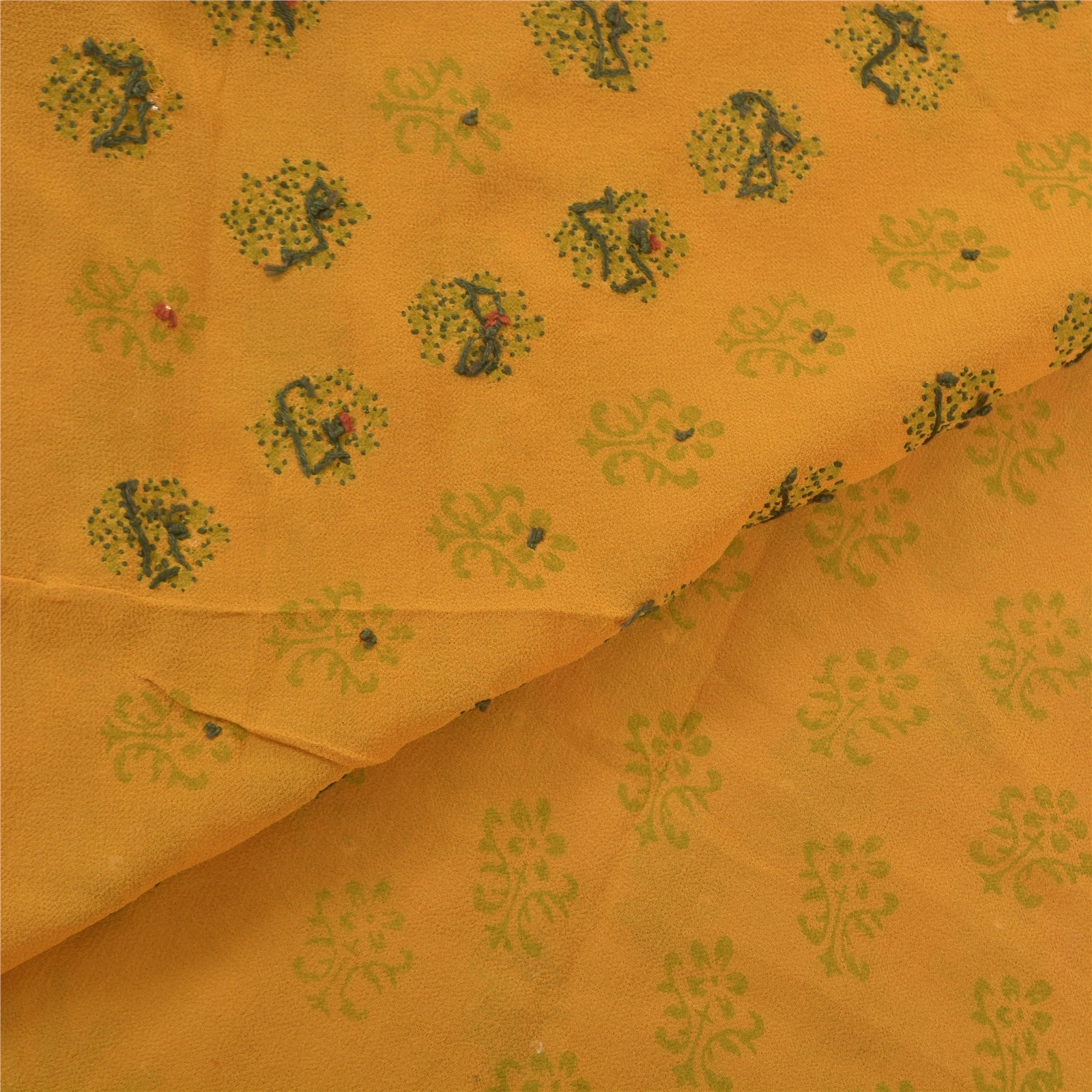 Sanskriti Vintage Sarees Pure Georgette Silk Sari Hand Embroidered Kantha Fabric, PS-57338-Shade Of Saffron-Thread Work-100% Pure Georgette Silk-2