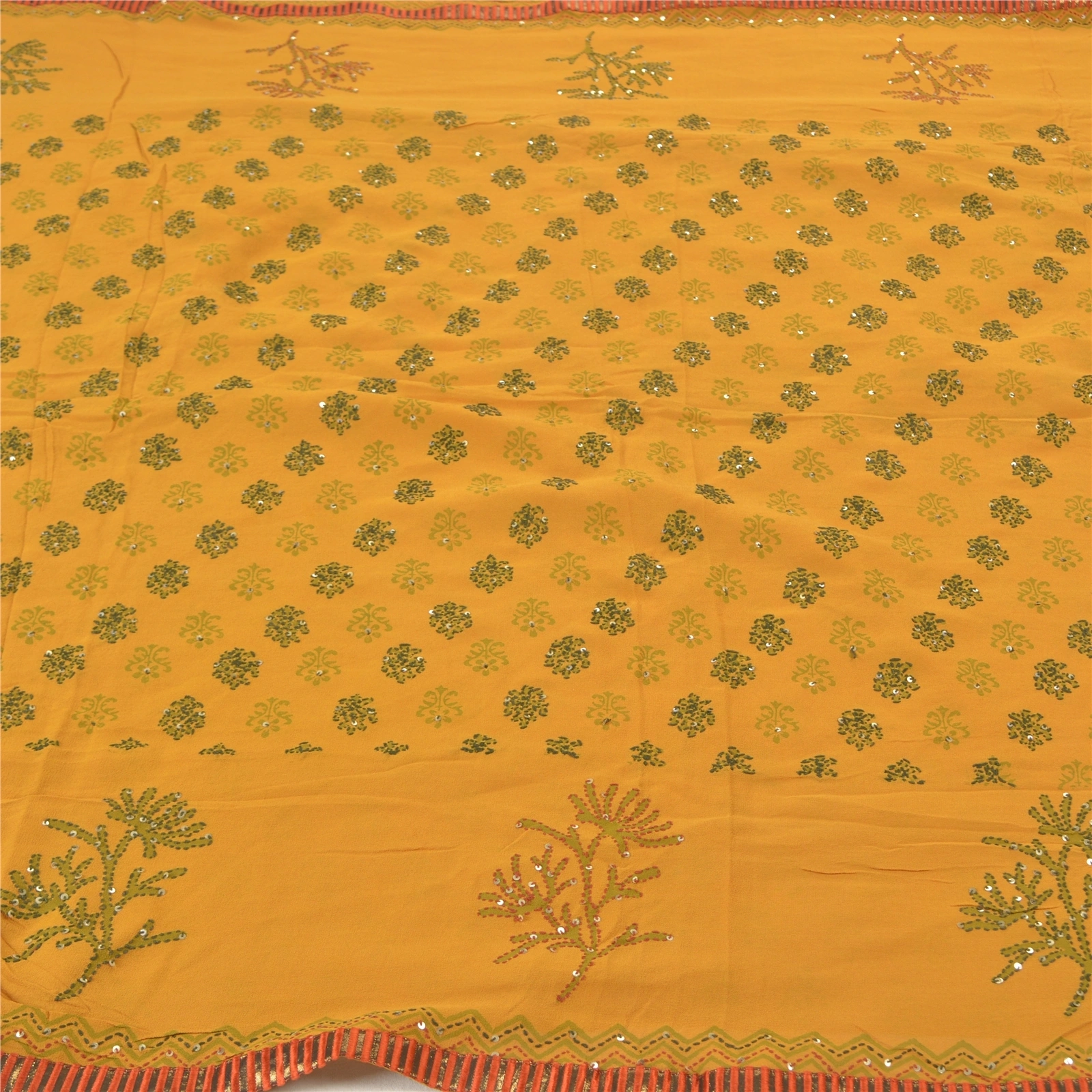 Sanskriti Vintage Sarees Pure Georgette Silk Sari Hand Embroidered Kantha Fabric, PS-57338-Shade Of Saffron-Thread Work-100% Pure Georgette Silk-3