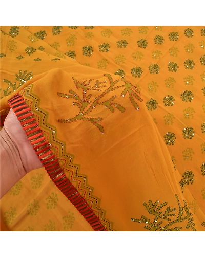 Sanskriti Vintage Sarees Pure Georgette Silk Sari Hand Embroidered Kantha Fabric, PS-57338-Shade Of Saffron-Thread Work-100% Pure Georgette Silk-4