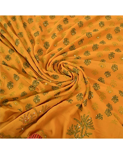 Sanskriti Vintage Sarees Pure Georgette Silk Sari Hand Embroidered Kantha Fabric, PS-57338-Shade Of Saffron-Thread Work-100% Pure Georgette Silk-6
