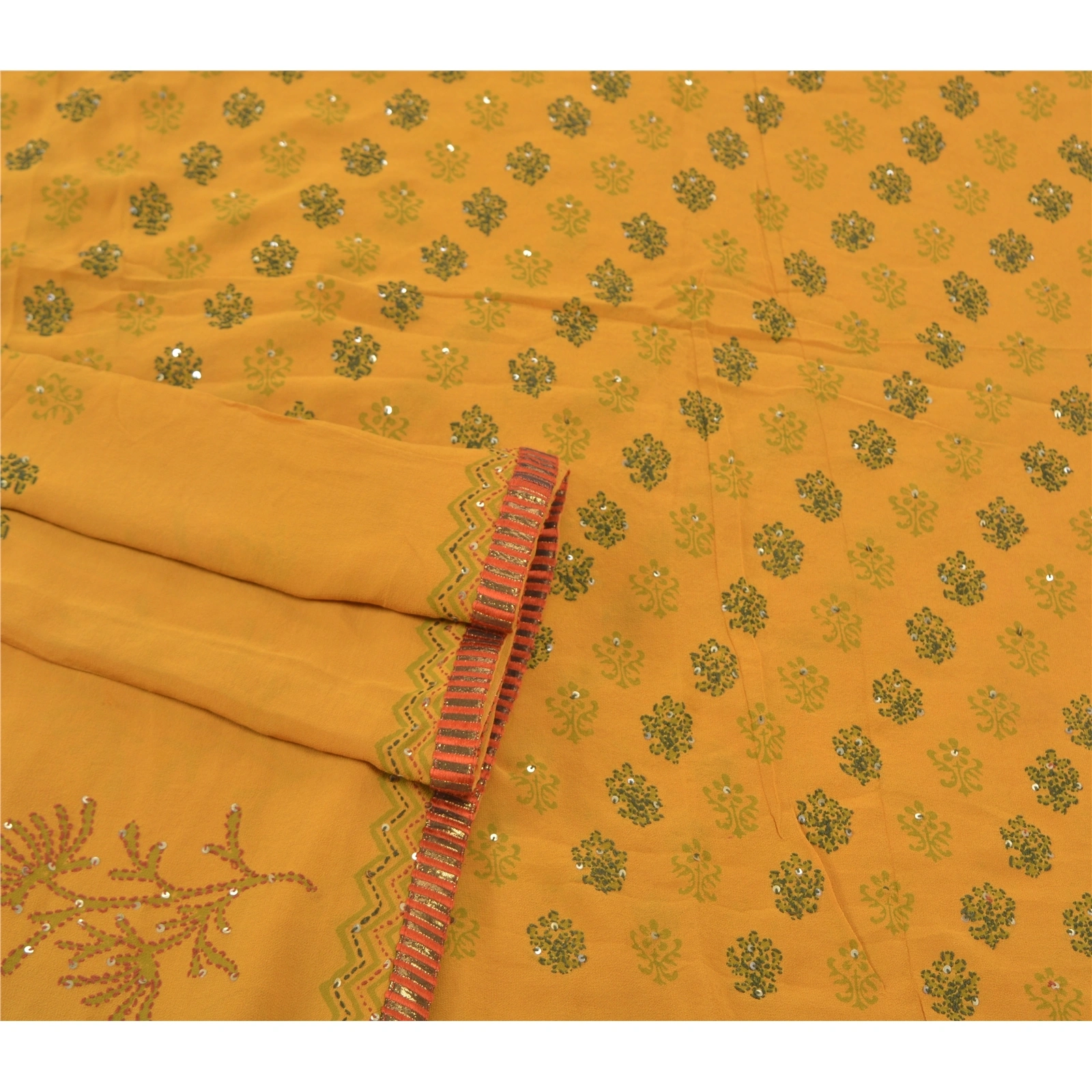 Sanskriti Vintage Sarees Pure Georgette Silk Sari Hand Embroidered Kantha Fabric, PS-57338-Shade Of Saffron-Thread Work-100% Pure Georgette Silk-7