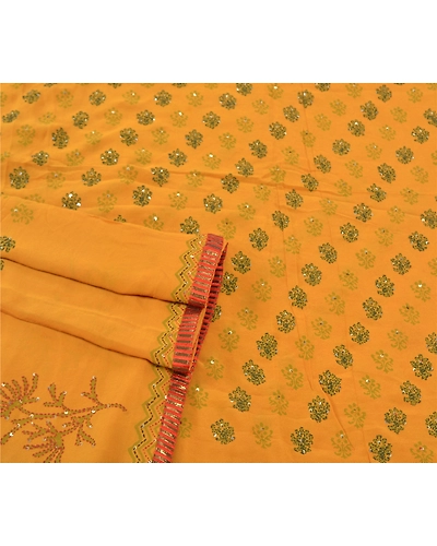Sanskriti Vintage Sarees Pure Georgette Silk Sari Hand Embroidered Kantha Fabric, PS-57338-Shade Of Saffron-Thread Work-100% Pure Georgette Silk-7