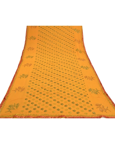 Sanskriti Vintage Sarees Pure Georgette Silk Sari Hand Embroidered Kantha Fabric, PS-57338-Shade Of Saffron-Thread Work-100% Pure Georgette Silk-8