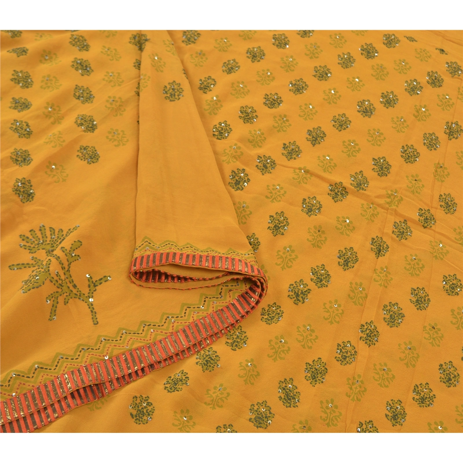 Sanskriti Vintage Sarees Pure Georgette Silk Sari Hand Embroidered Kantha Fabric, PS-57338-Shade Of Saffron-Thread Work-100% Pure Georgette Silk-9