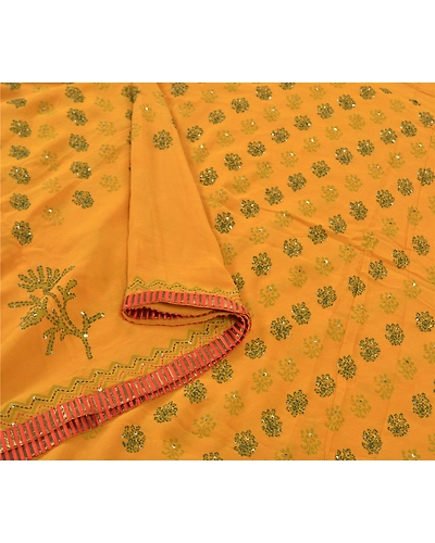 Sanskriti Vintage Sarees Pure Georgette Silk Sari Hand Embroidered Kantha Fabric, PS-57338-Shade Of Saffron-Thread Work-100% Pure Georgette Silk-9