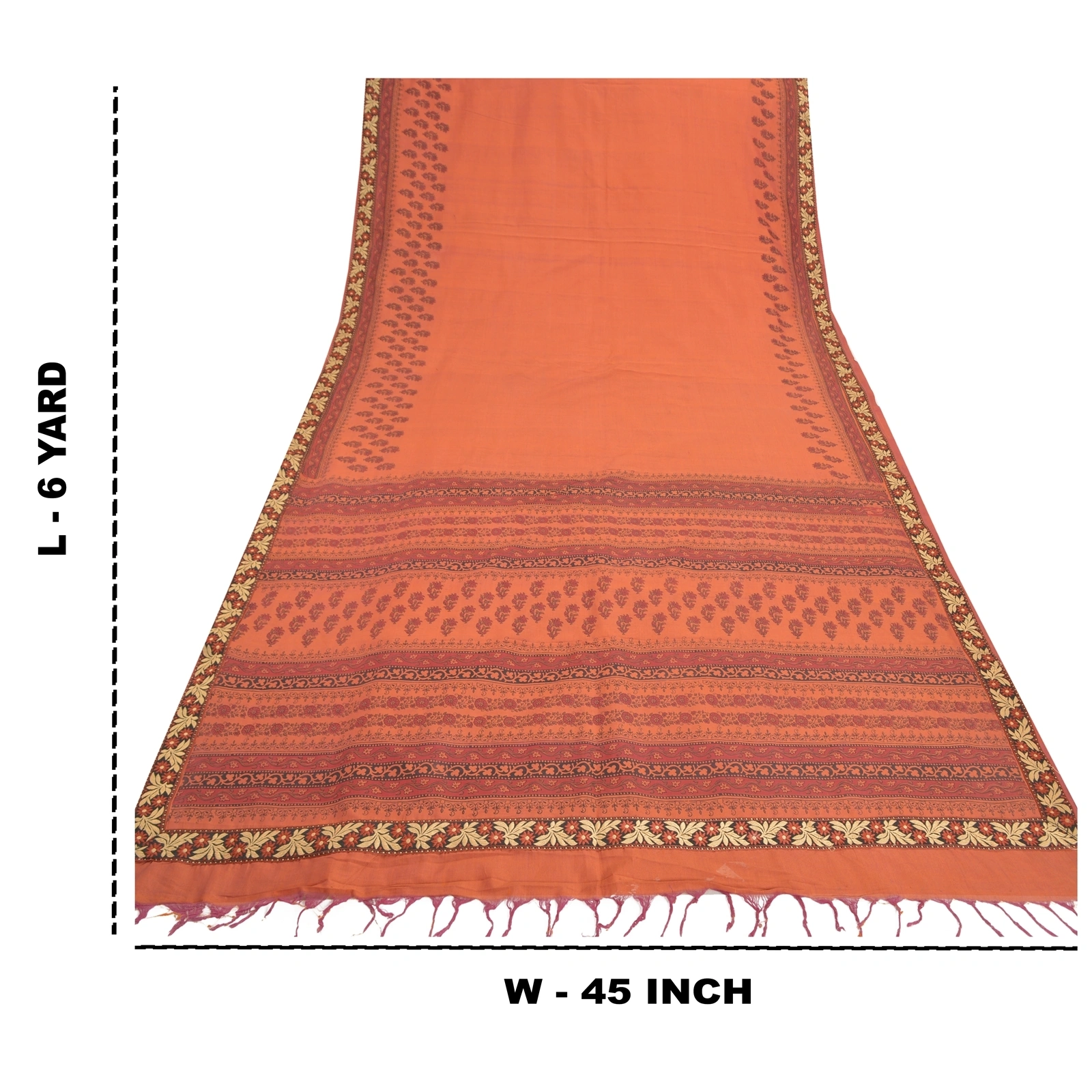 Sanskriti Vintage Rusty Orange Sarees Cotton Printed Sari Premium Craft Fabric, PS-57352-Rusty Orange-Printed Work-Cotton-1