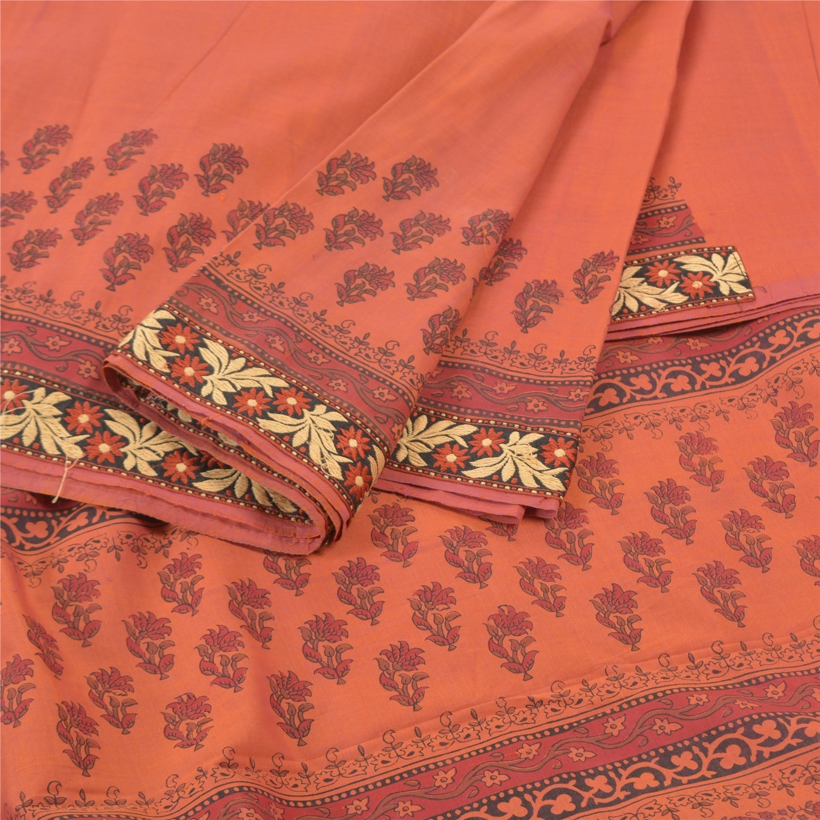 Sanskriti Vintage Rusty Orange Sarees Cotton Printed Sari Premium Craft Fabric, PS-57352-Rusty Orange-Printed Work-Cotton-2