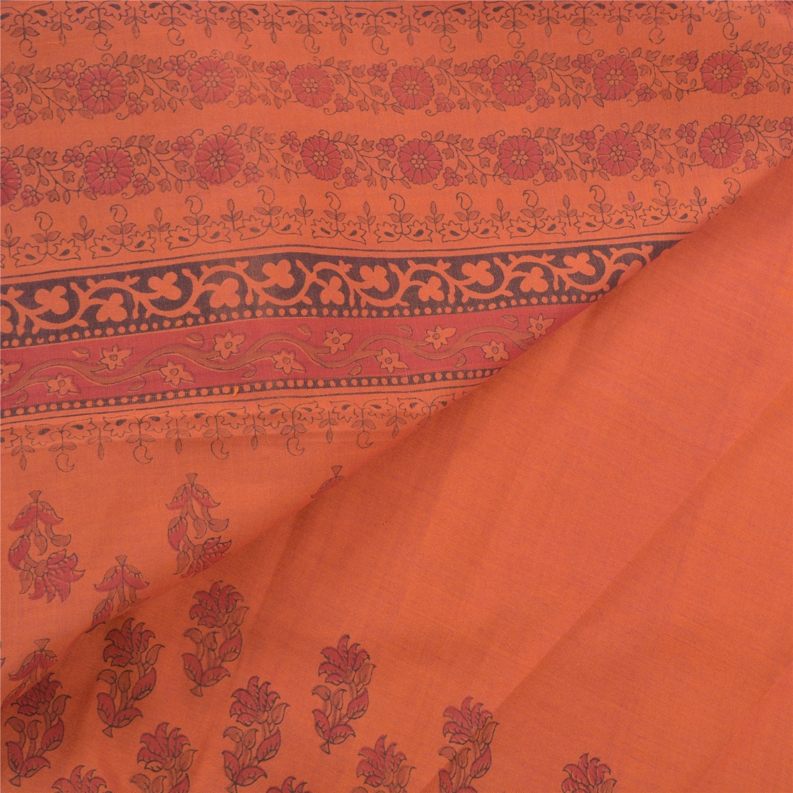 Sanskriti Vintage Rusty Orange Sarees Cotton Printed Sari Premium Craft Fabric, PS-57352-Rusty Orange-Printed Work-Cotton-3