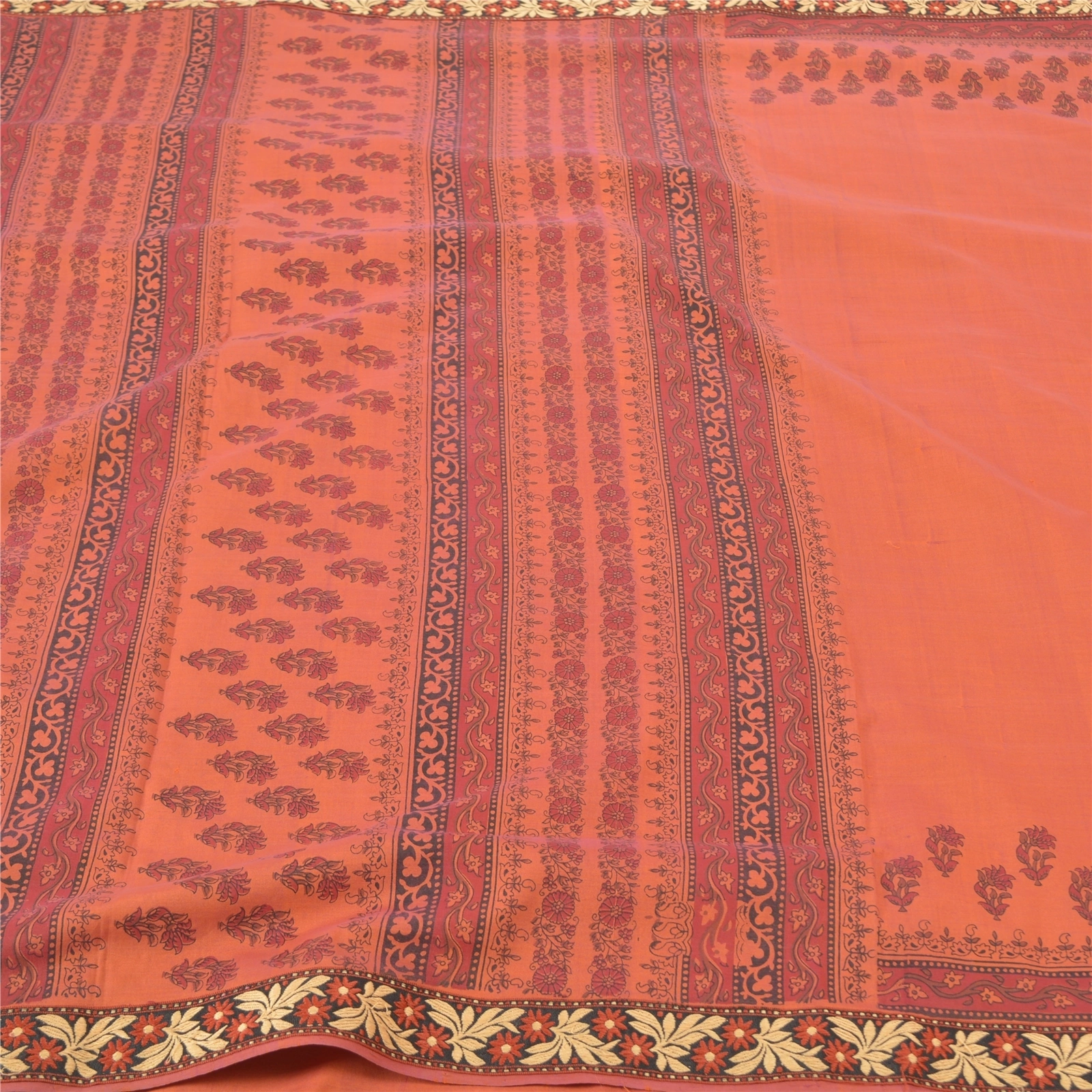 Sanskriti Vintage Rusty Orange Sarees Cotton Printed Sari Premium Craft Fabric, PS-57352-Rusty Orange-Printed Work-Cotton-4