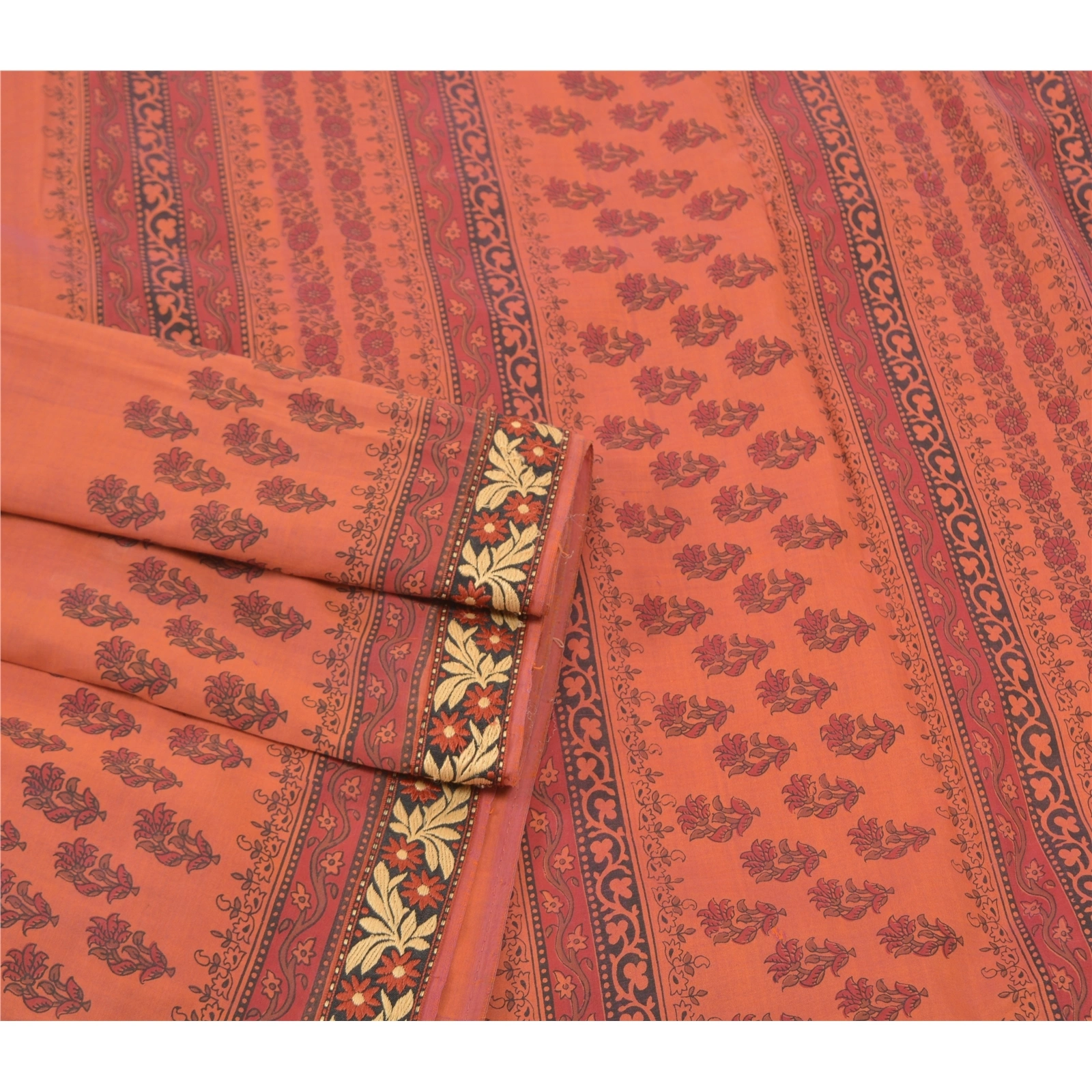 Sanskriti Vintage Rusty Orange Sarees Cotton Printed Sari Premium Craft Fabric, PS-57352-Rusty Orange-Printed Work-Cotton-8