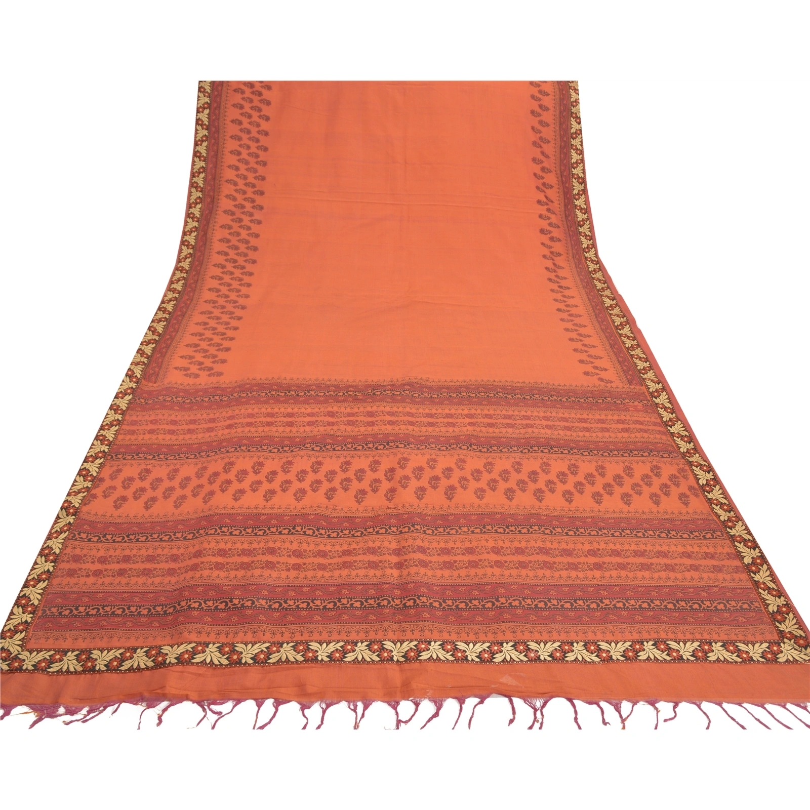 Sanskriti Vintage Rusty Orange Sarees Cotton Printed Sari Premium Craft Fabric, PS-57352-Rusty Orange-Printed Work-Cotton-9