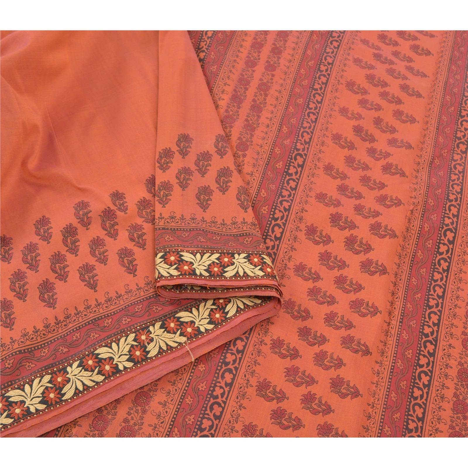 Sanskriti Vintage Rusty Orange Sarees Cotton Printed Sari Premium Craft Fabric, PS-57352-Rusty Orange-Printed Work-Cotton-10