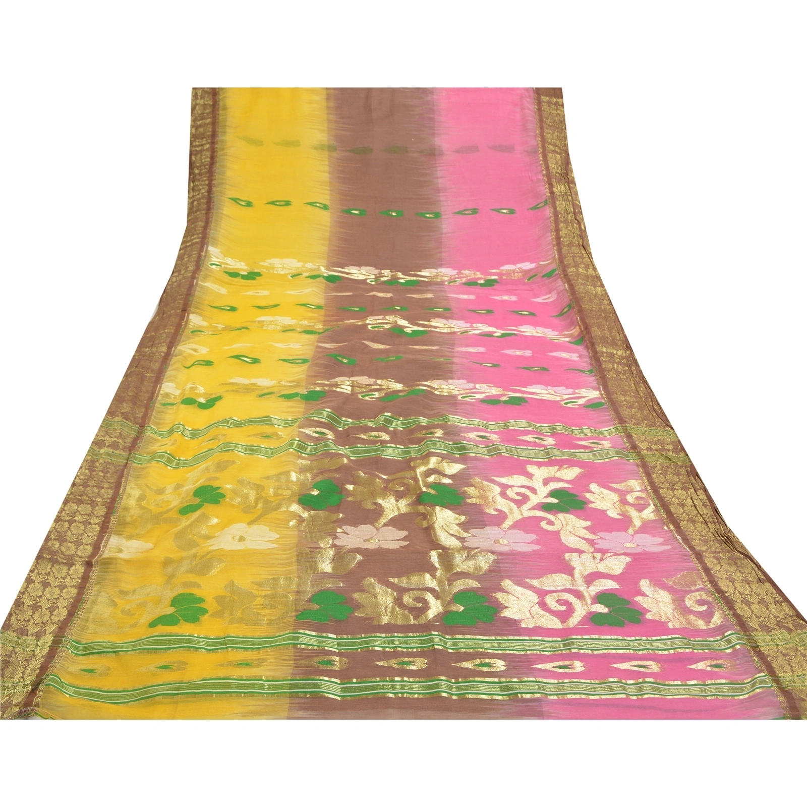 Sanskriti Vintage Yellow Sarees Blend Cotton Woven Sari Craft Premium Fabric, PS-57363-Yellow &amp; Pink-Woven Work-Blend Cotton-9