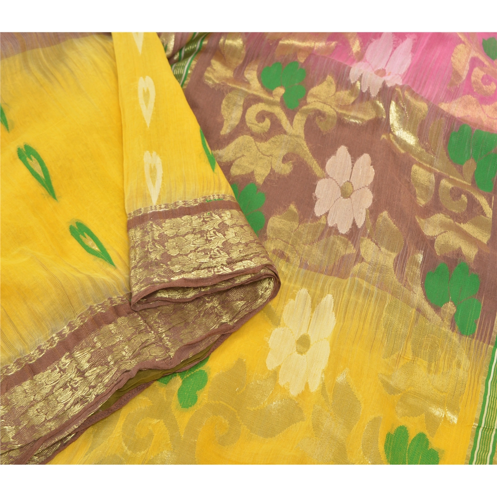 Sanskriti Vintage Yellow Sarees Blend Cotton Woven Sari Craft Premium Fabric, PS-57363-Yellow &amp; Pink-Woven Work-Blend Cotton-10