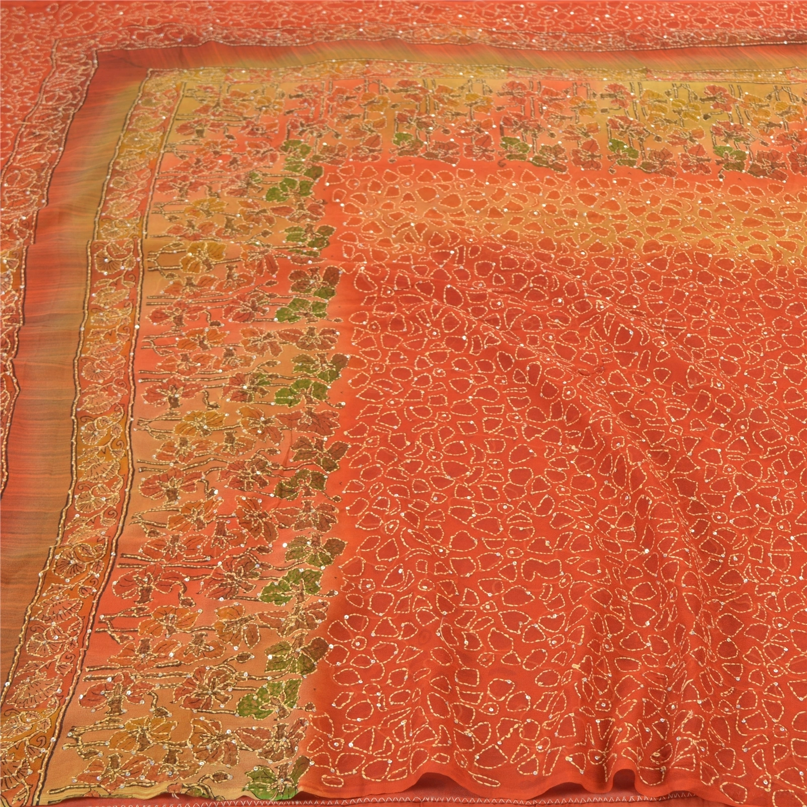 Sanskriti Vintage Sarees Pure Georgette Silk Sari Hand Beaded Kantha Fabric, PS-57368-Shade Of Rusty Orange-Thread Work-100% Pure Georgette Silk-3