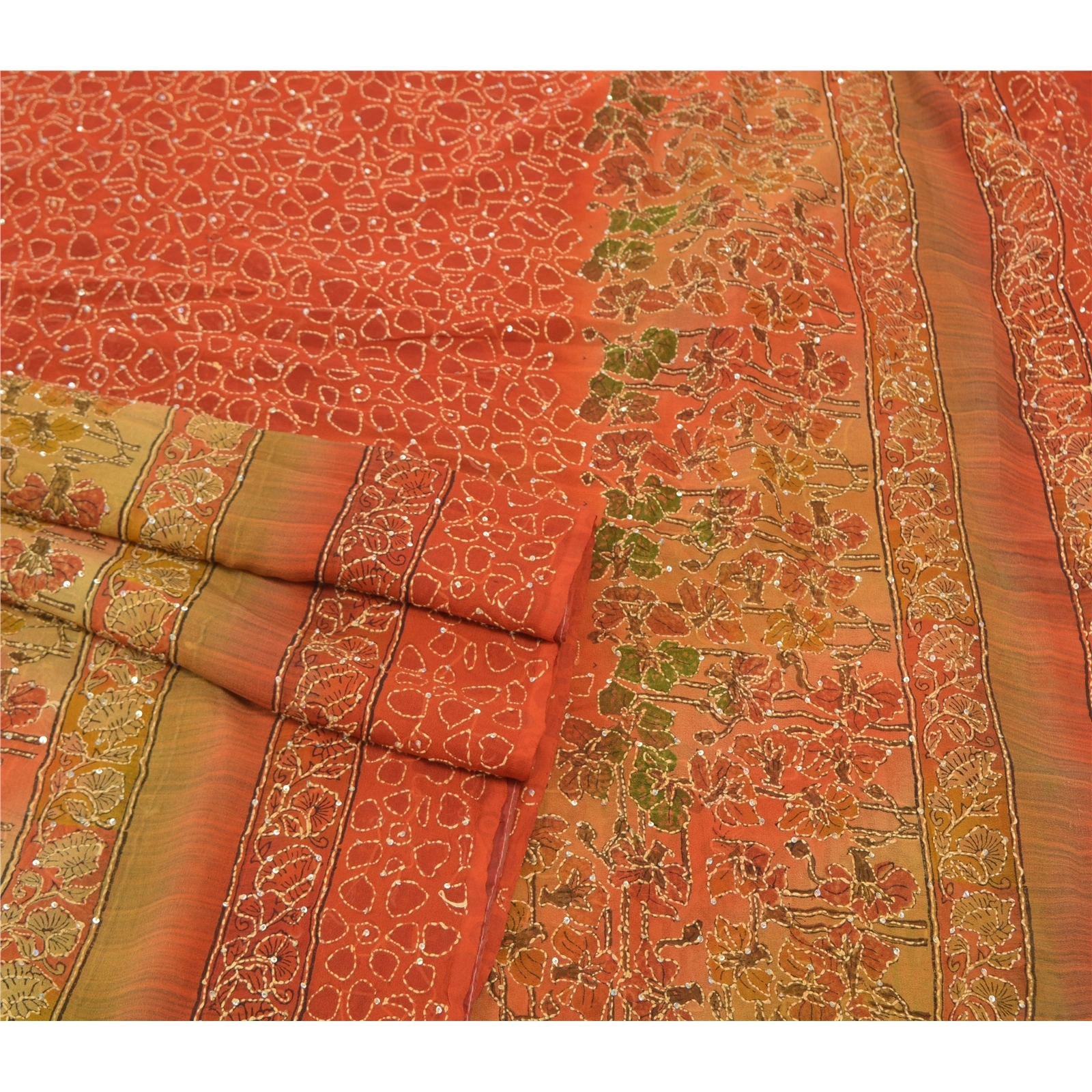 Sanskriti Vintage Sarees Pure Georgette Silk Sari Hand Beaded Kantha Fabric, PS-57368-Shade Of Rusty Orange-Thread Work-100% Pure Georgette Silk-7