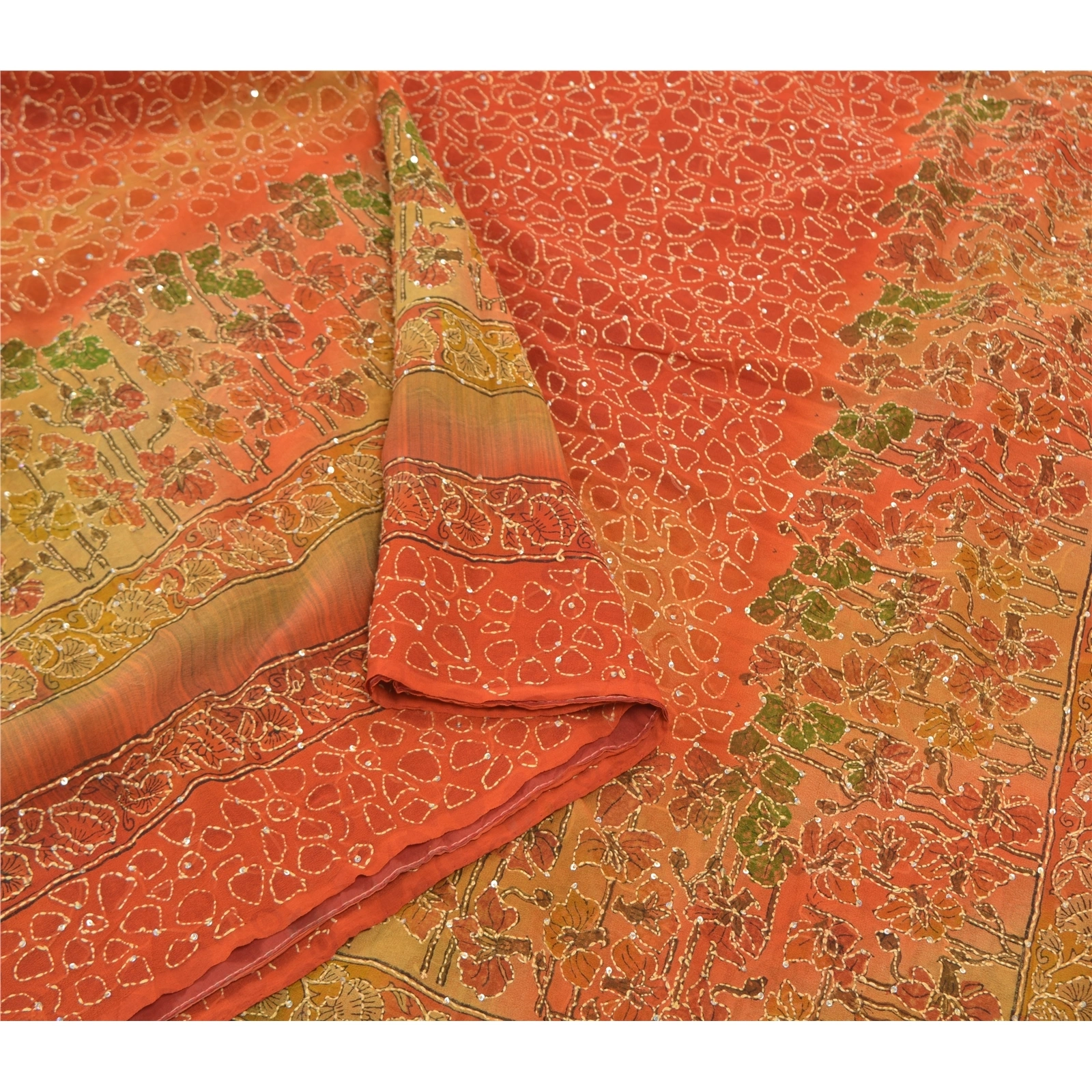 Sanskriti Vintage Sarees Pure Georgette Silk Sari Hand Beaded Kantha Fabric, PS-57368-Shade Of Rusty Orange-Thread Work-100% Pure Georgette Silk-9