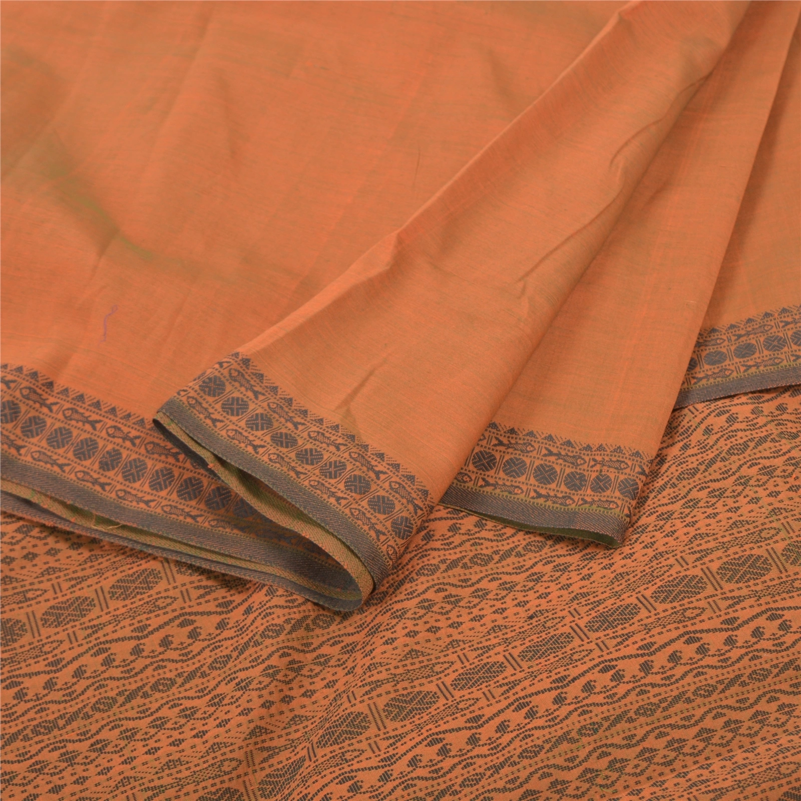 Sanskriti Vintage Sarees Blend Cotton Hand Woven Bomkai Sari Premium Fabric, PS-57370-Orange-Woven Work-Blend Cotton-2