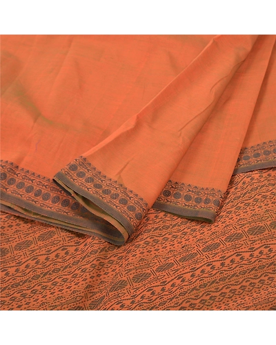 Sanskriti Vintage Sarees Blend Cotton Hand Woven Bomkai Sari Premium Fabric, PS-57370-Orange-Woven Work-Blend Cotton-2