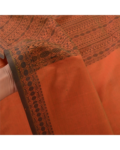 Sanskriti Vintage Sarees Blend Cotton Hand Woven Bomkai Sari Premium Fabric, PS-57370-Orange-Woven Work-Blend Cotton-5