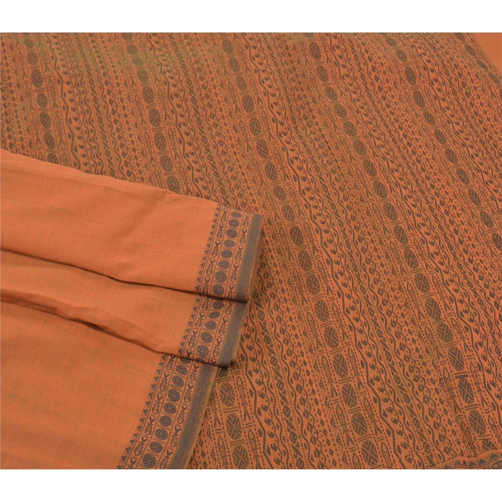 Sanskriti Vintage Sarees Blend Cotton Hand Woven Bomkai Sari Premium Fabric, PS-57370-Orange-Woven Work-Blend Cotton-8