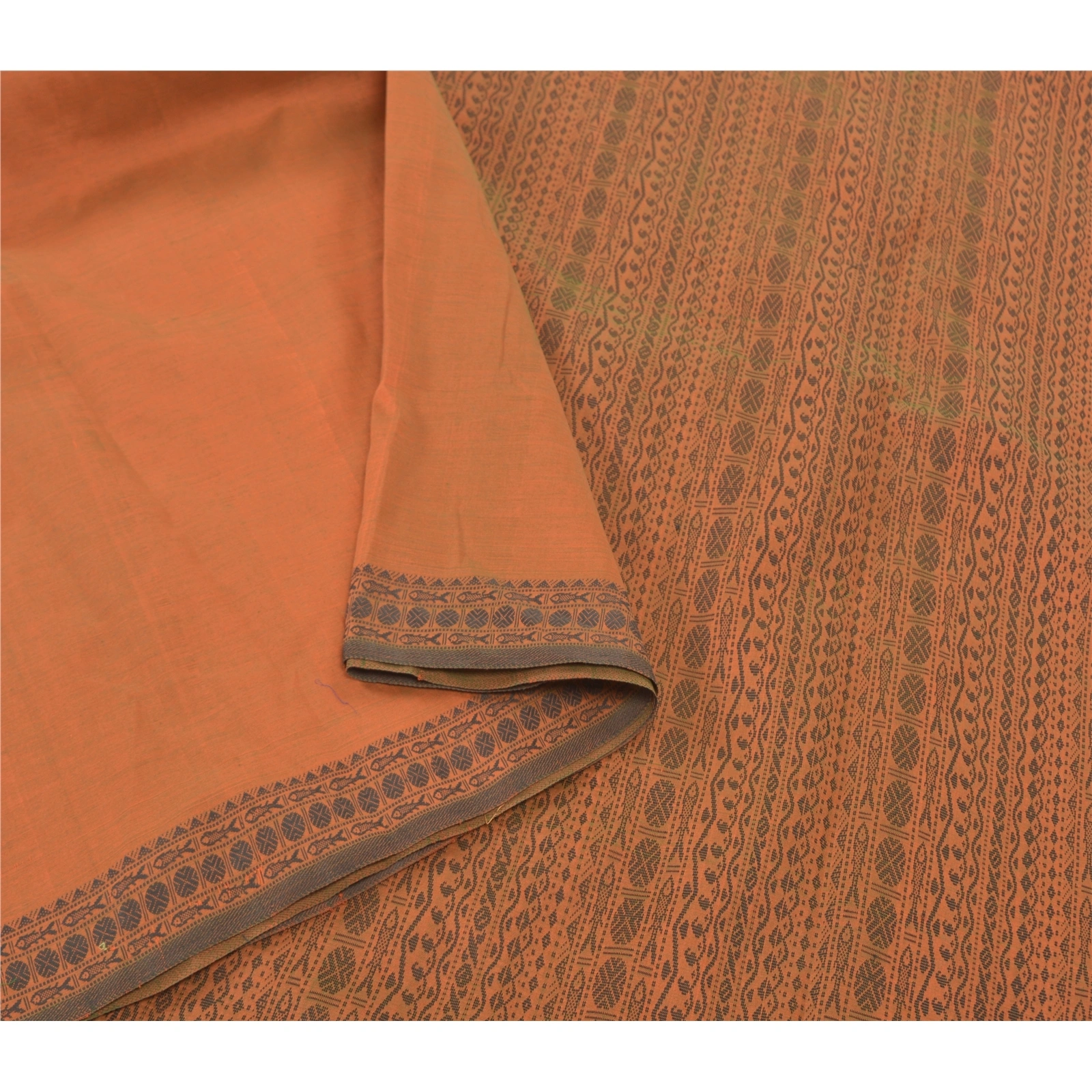 Sanskriti Vintage Sarees Blend Cotton Hand Woven Bomkai Sari Premium Fabric, PS-57370-Orange-Woven Work-Blend Cotton-10